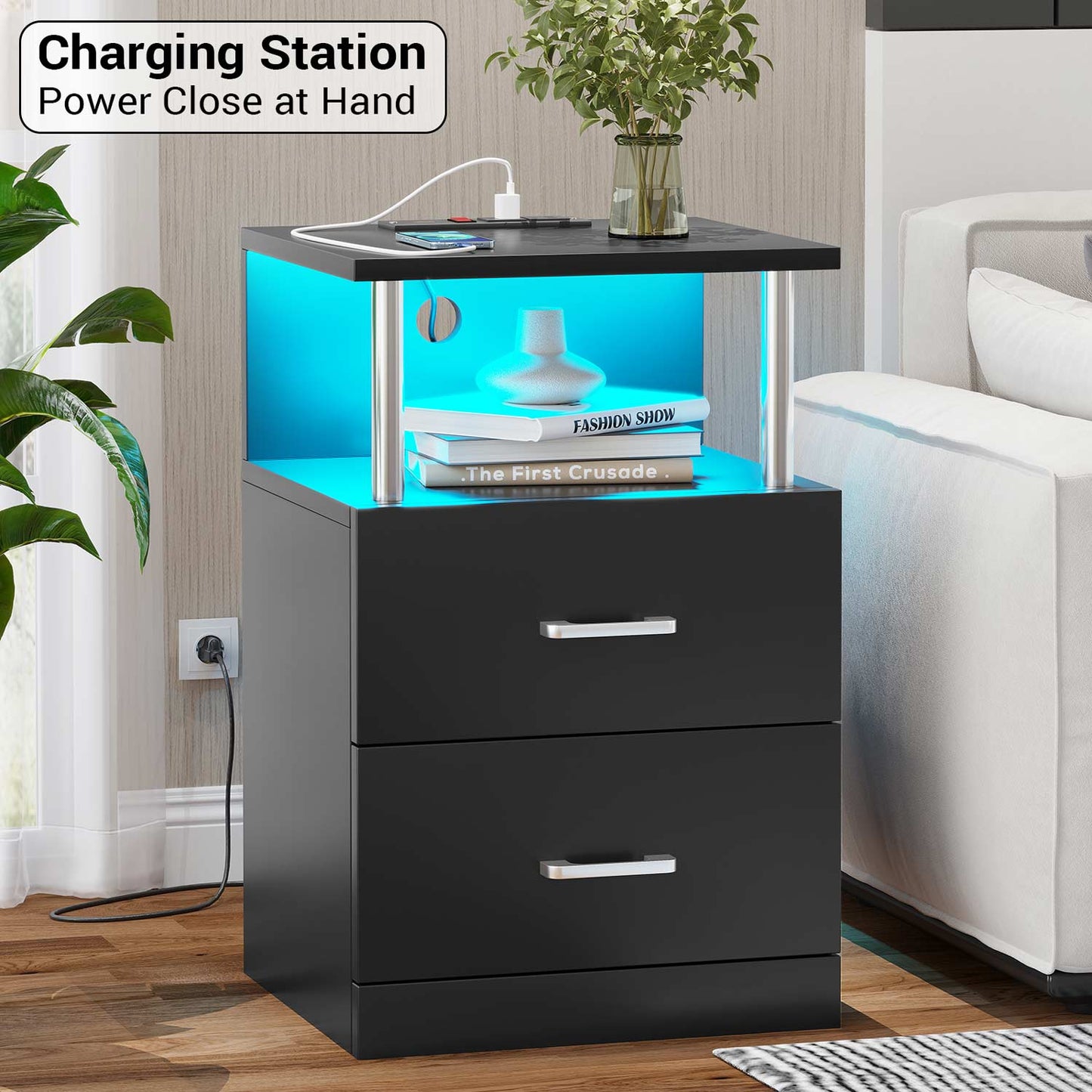 LED Nightstand with Charging Station Black