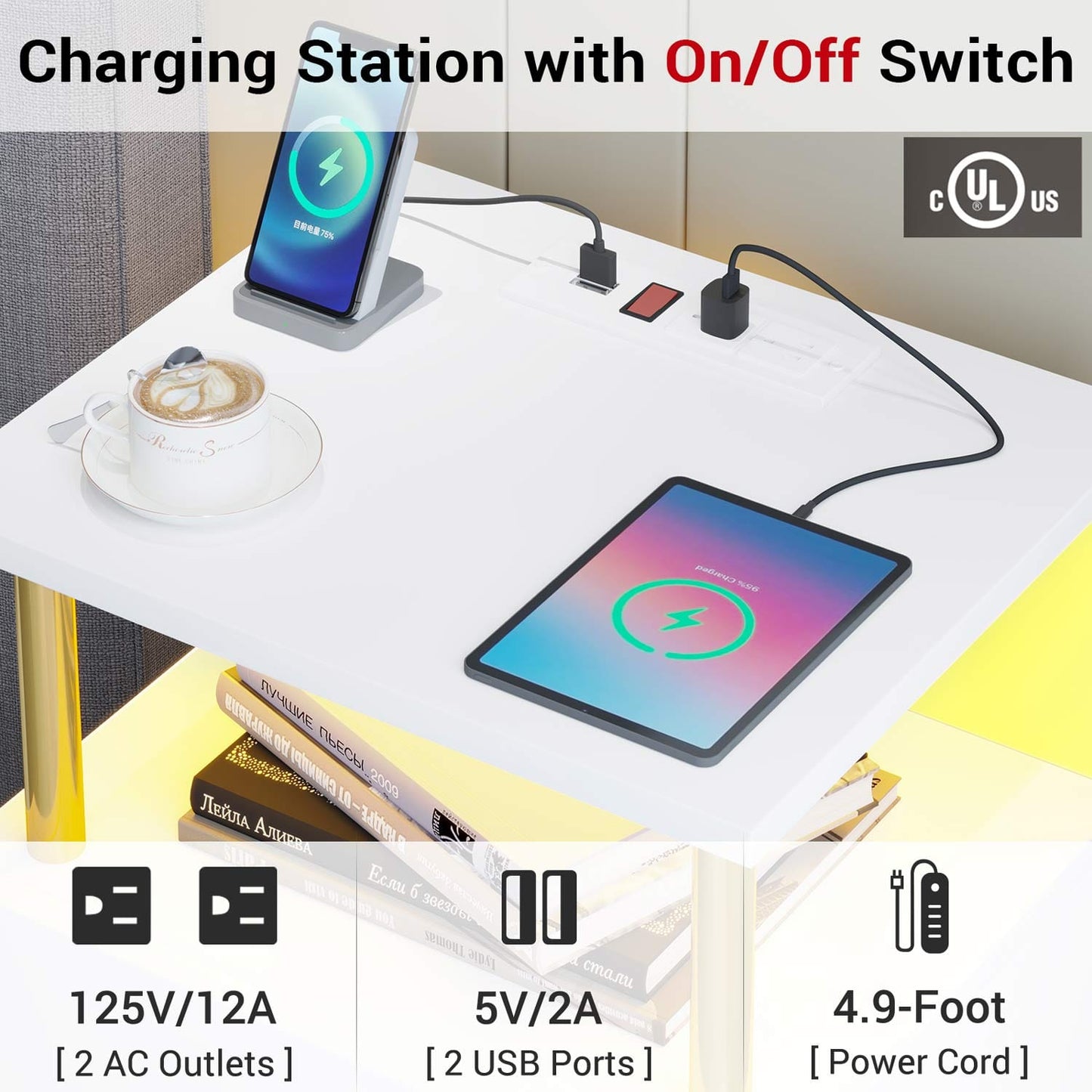 LED Nightstand with Charging Station White