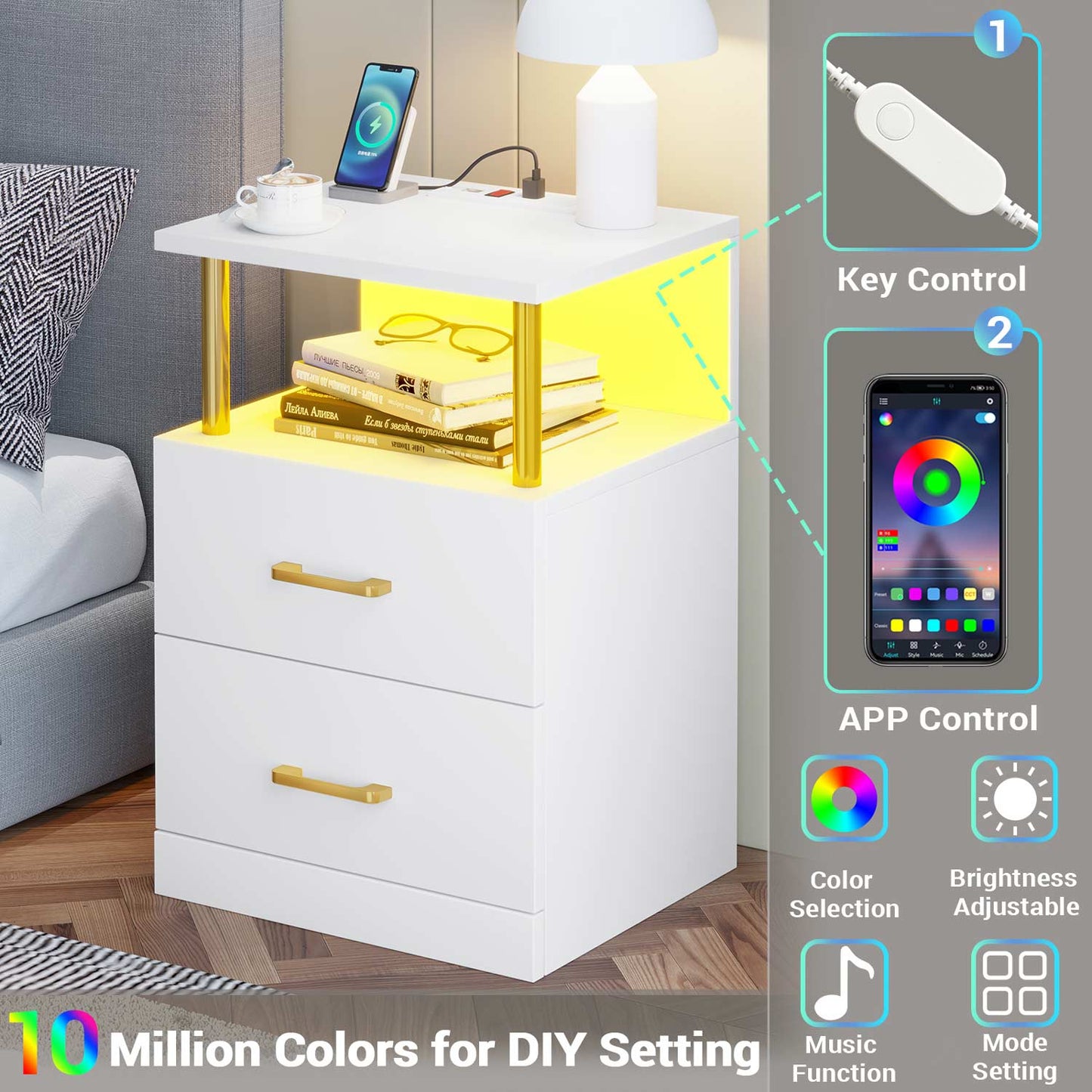 LED Nightstand with Charging Station White