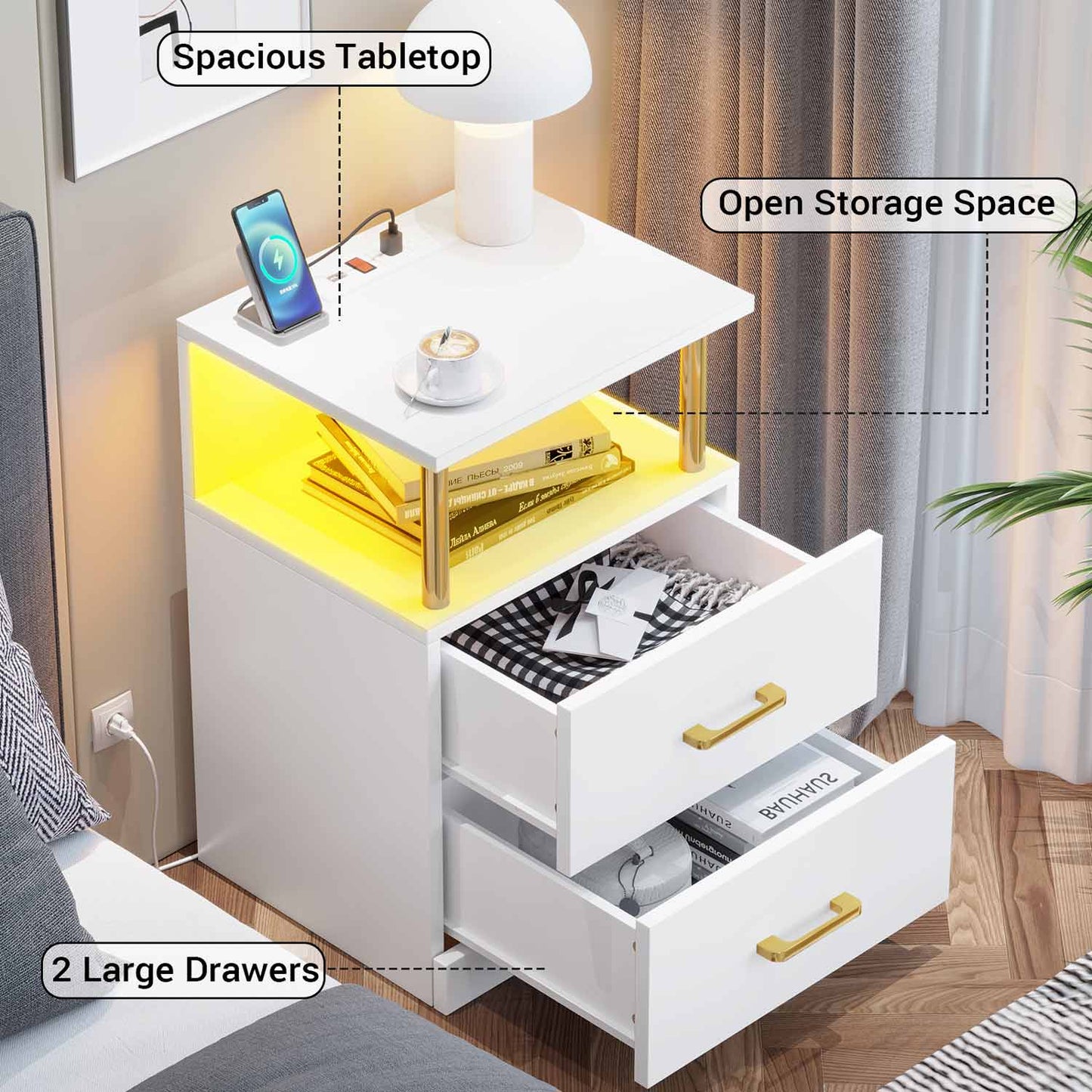 LED Nightstand with Charging Station White