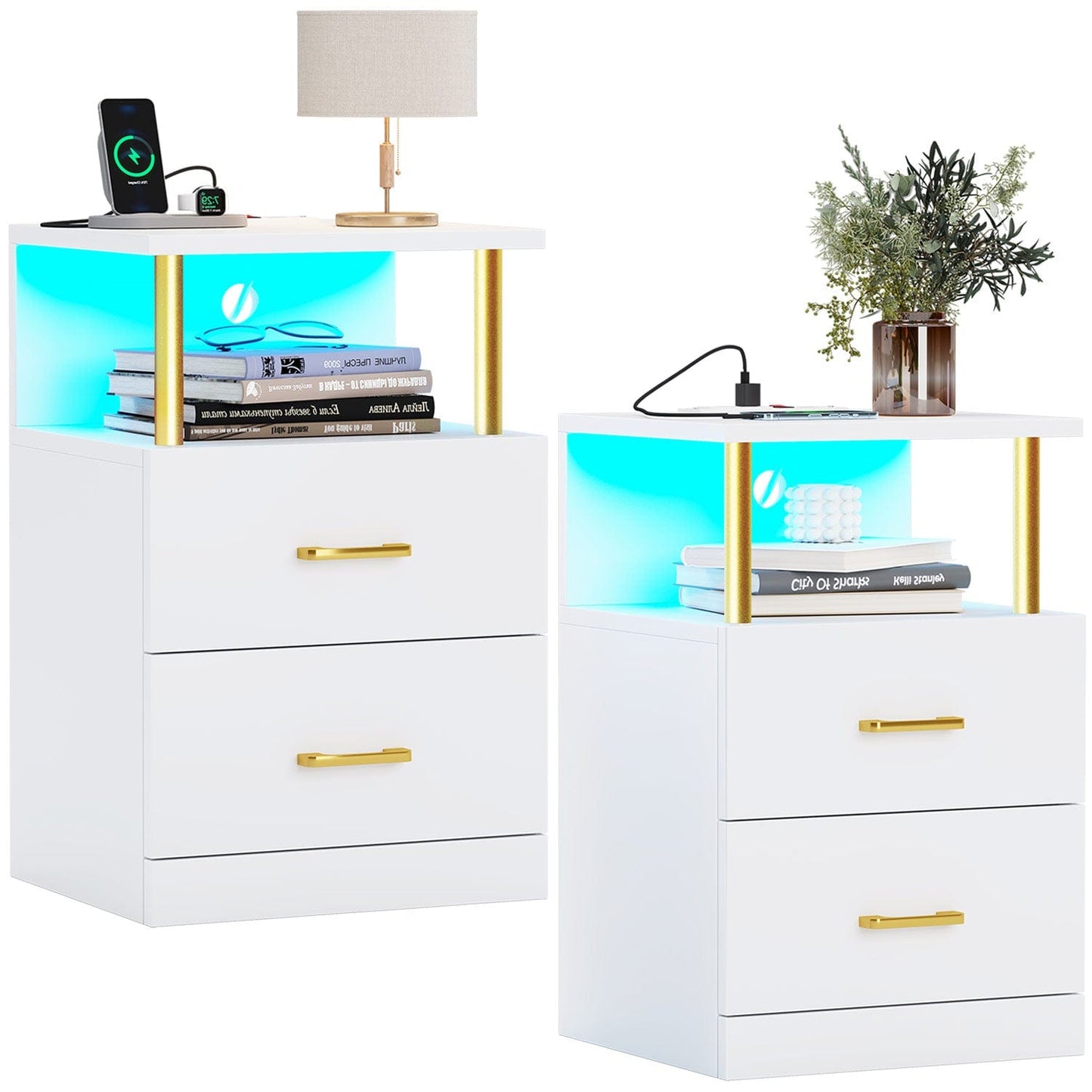 LED Nightstand with Charging Station White