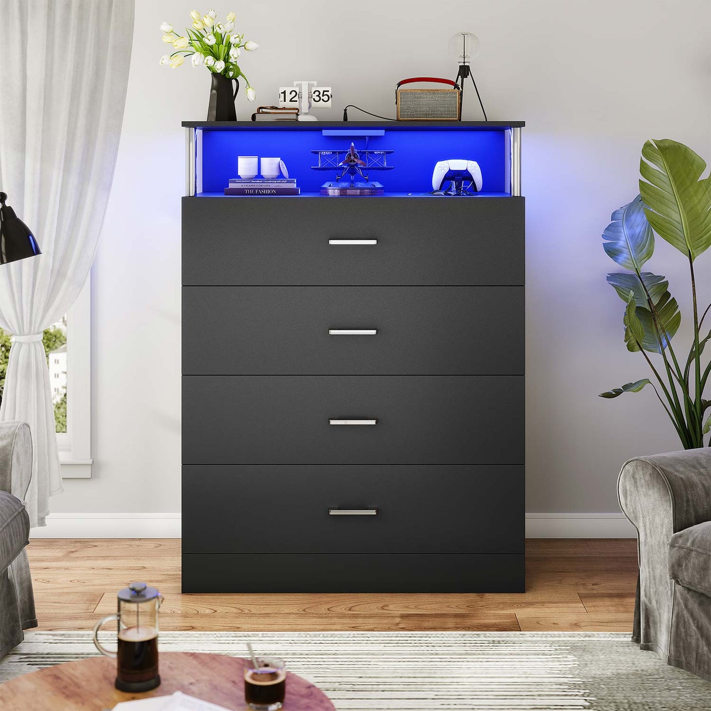 Tall Dresser with LED Lights 4 Storage Drawers Black