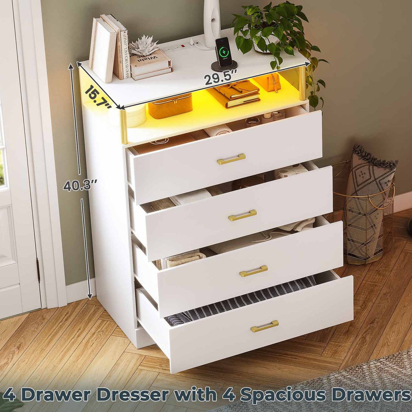 Tall Dresser with LED Lights 4 Storage Drawers White