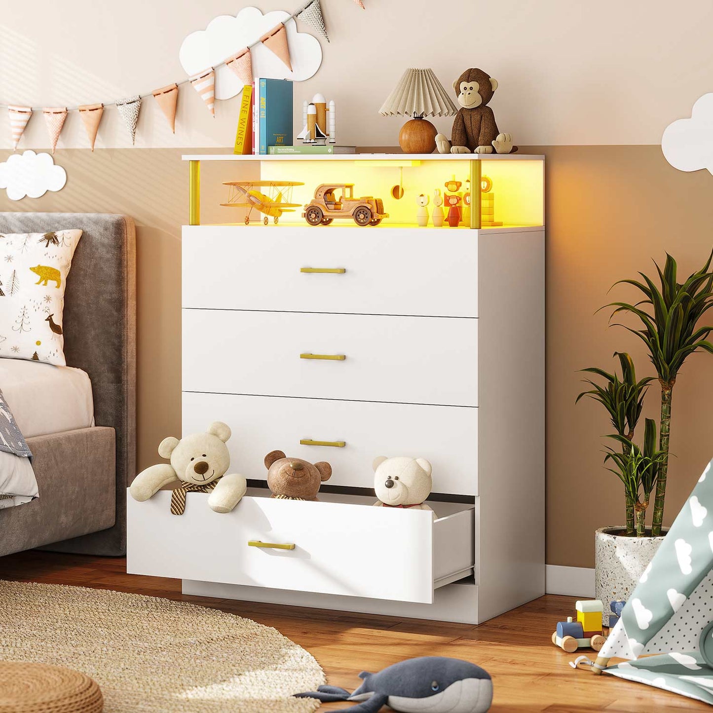 Tall Dresser with LED Lights 4 Storage Drawers White