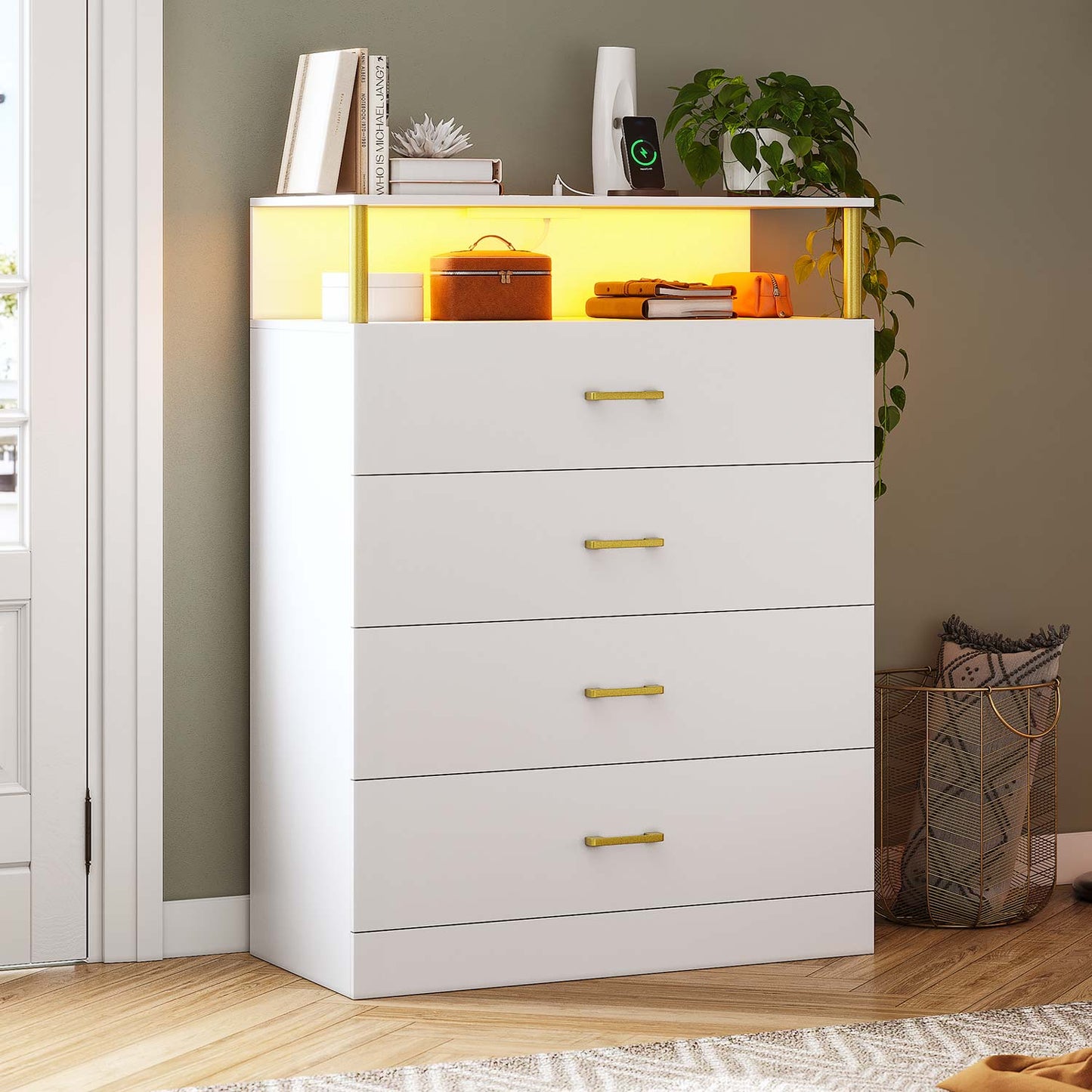 Tall Dresser with LED Lights 4 Storage Drawers White
