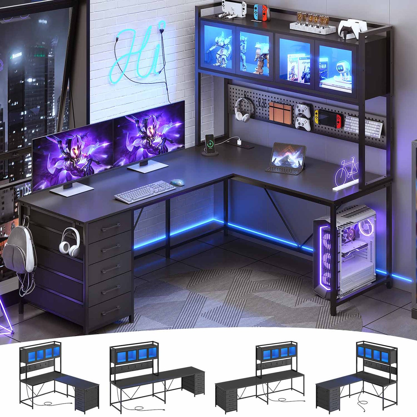 62 Inches LED Reversible L Shaped Gaming Desk Black