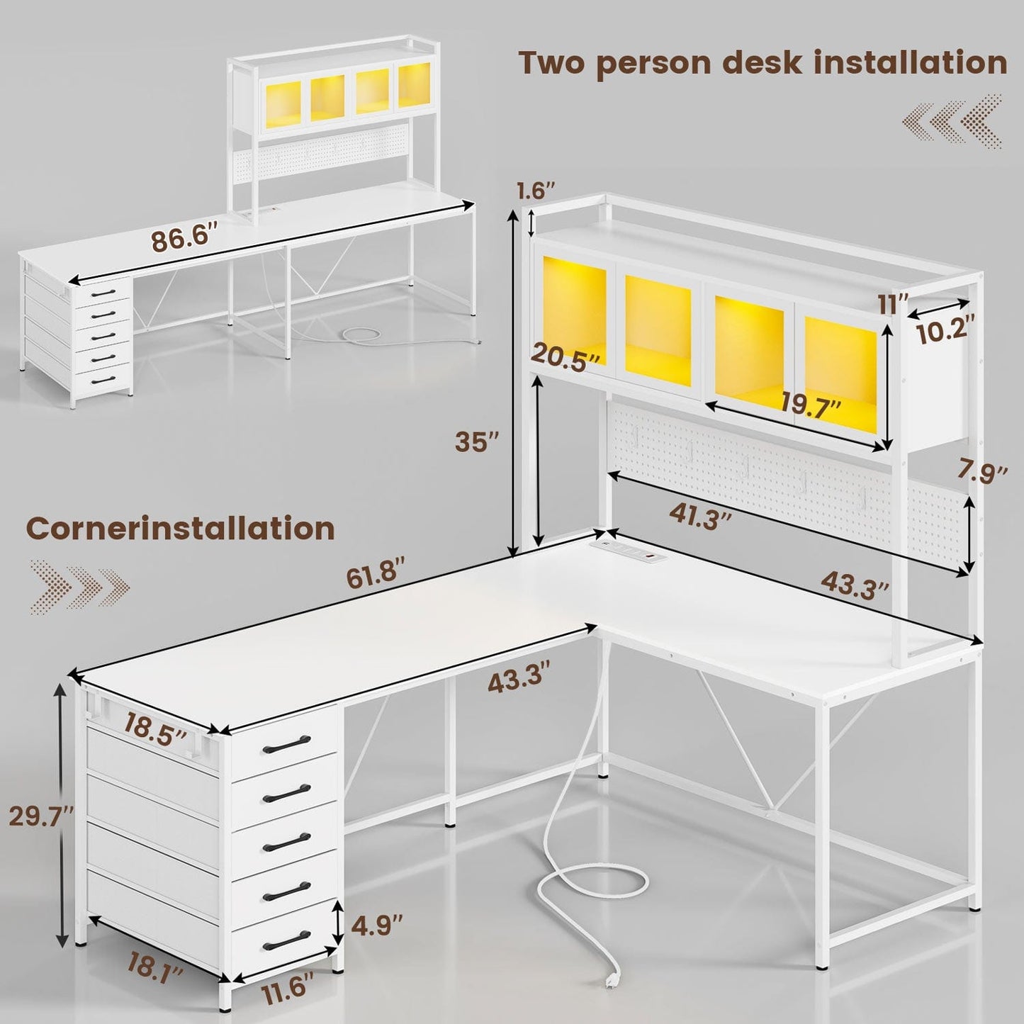 62 Inches LED Reversible L Shaped Gaming Desk White