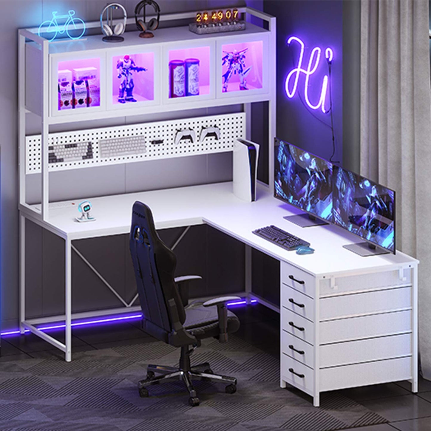 62 Inches LED Reversible L Shaped Gaming Desk White