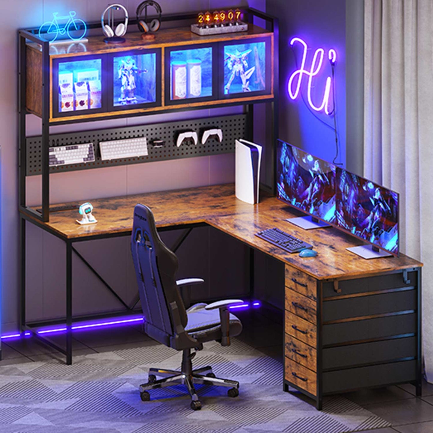 62 Inches LED Reversible L Shaped Gaming Desk Brown