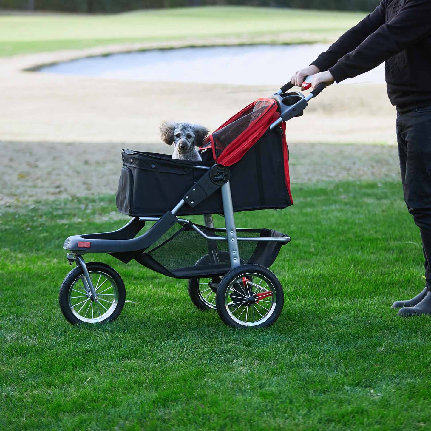 Pet Stroller with 3-Wheel Foldable System Black Red