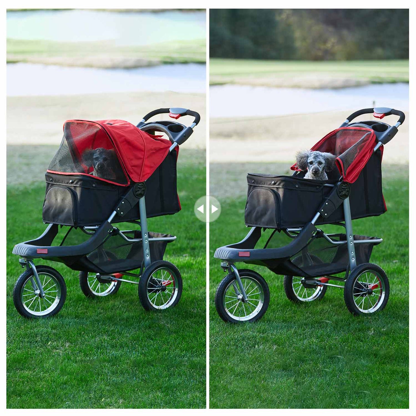 Pet Stroller with 3-Wheel Foldable System Black Red