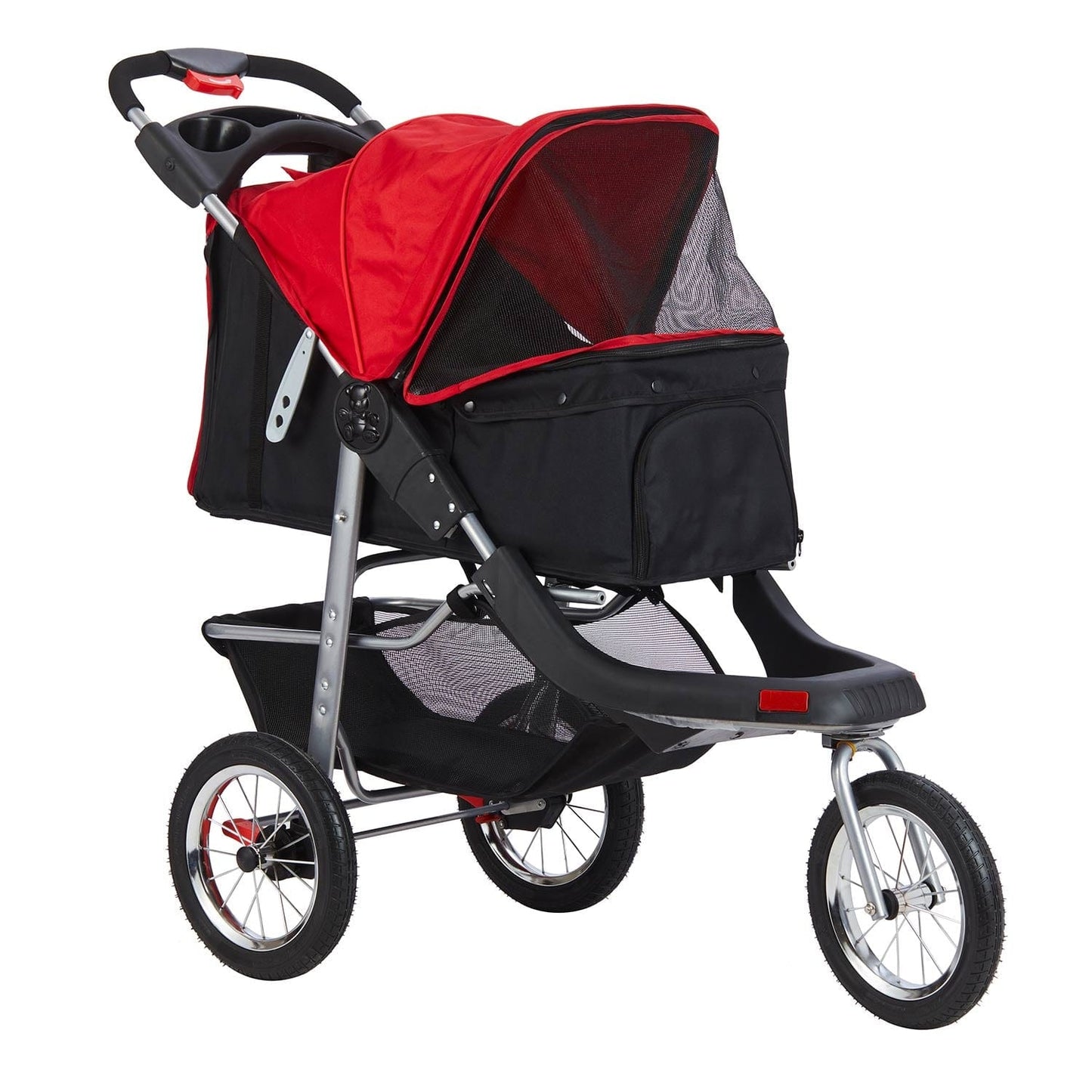 Pet Stroller with 3-Wheel Foldable System Black Red