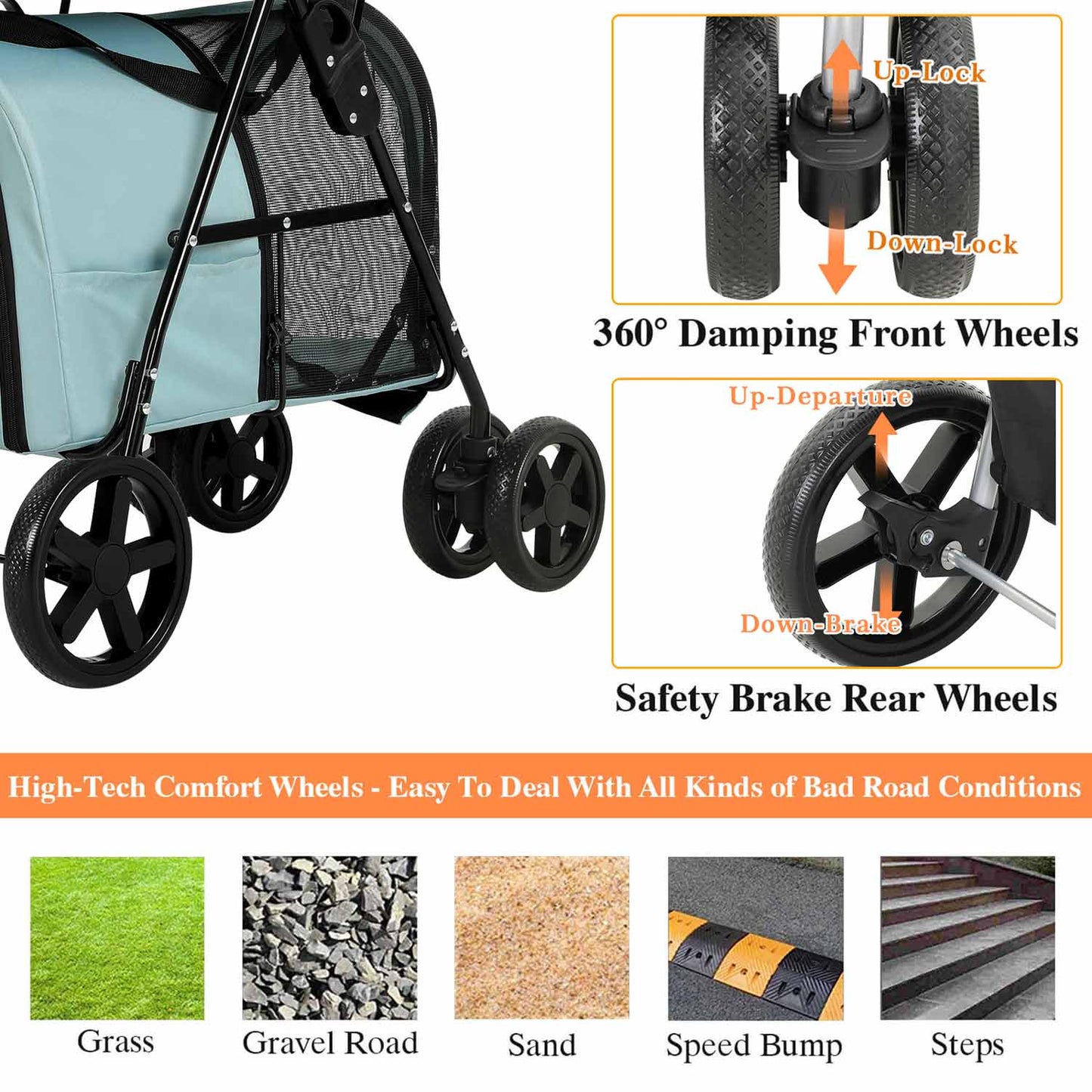 4-in-1 Pet Stroller with 2 Cart Basket Light Blue
