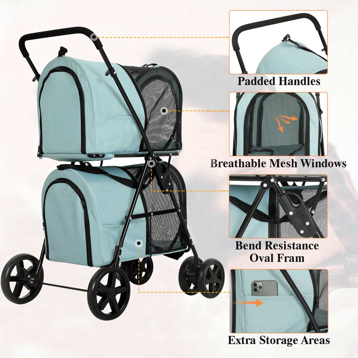 4-in-1 Pet Stroller with 2 Cart Basket Light Blue