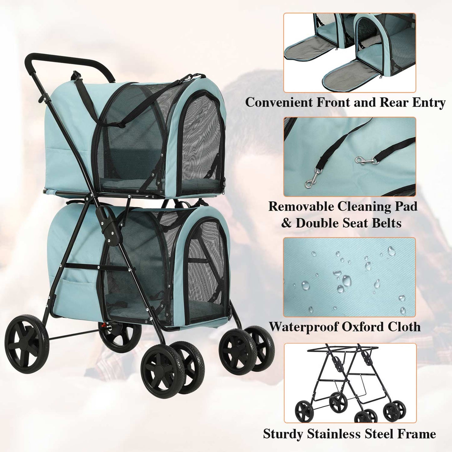 4-in-1 Pet Stroller with 2 Cart Basket Light Blue