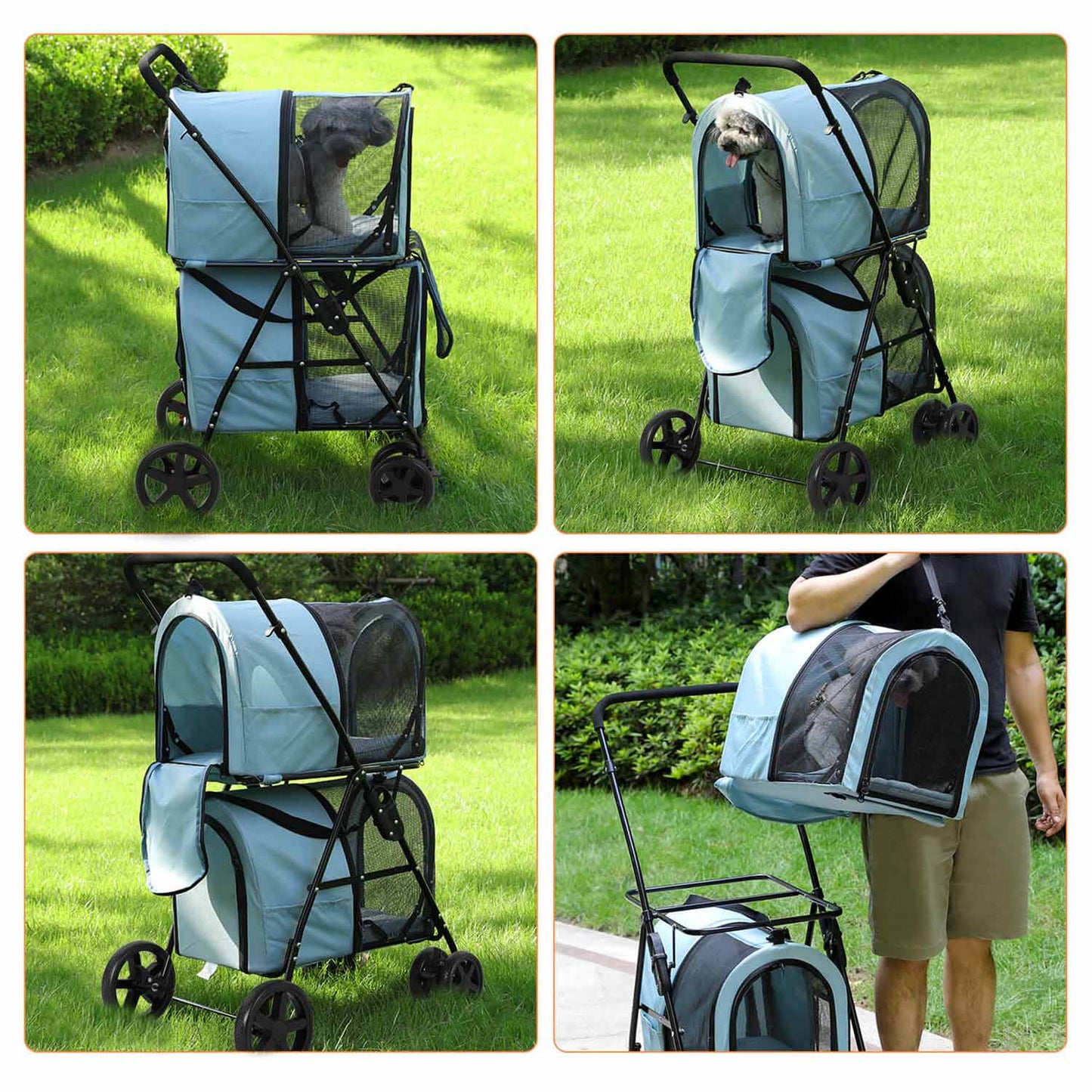 4-in-1 Pet Stroller with 2 Cart Basket Light Blue