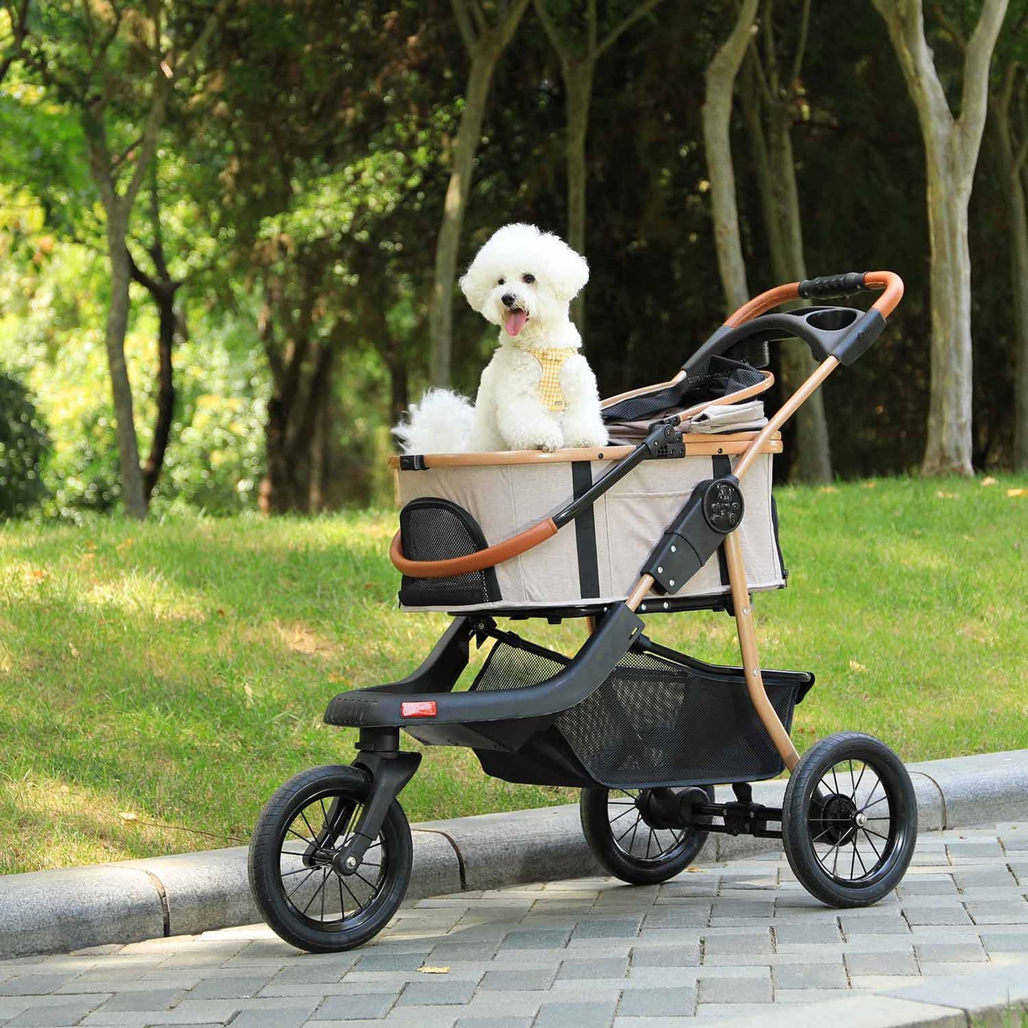 Pet Stroller One-Click Folding Frame Traveling Cart Khaki