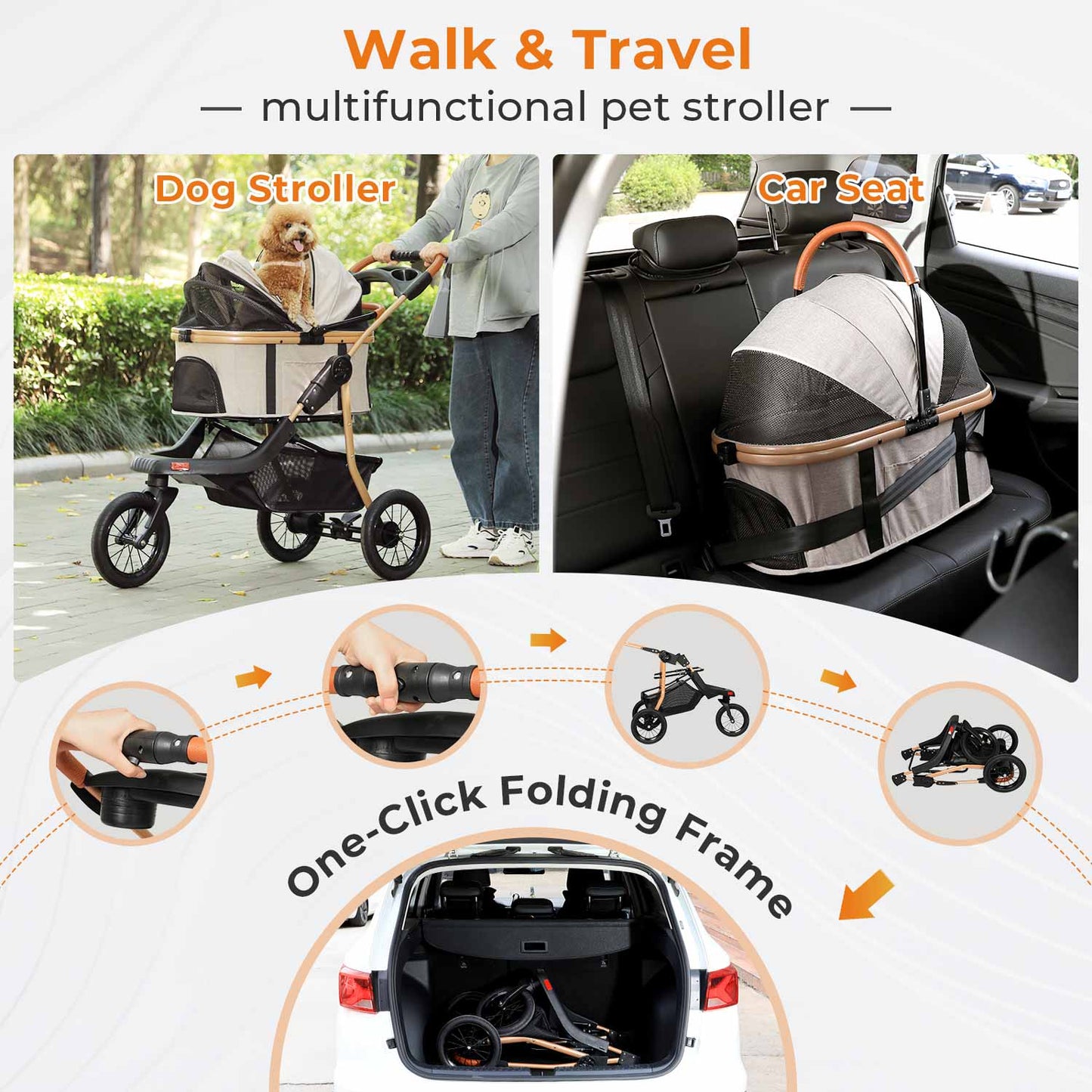 Pet Stroller One-Click Folding Frame Traveling Cart Khaki