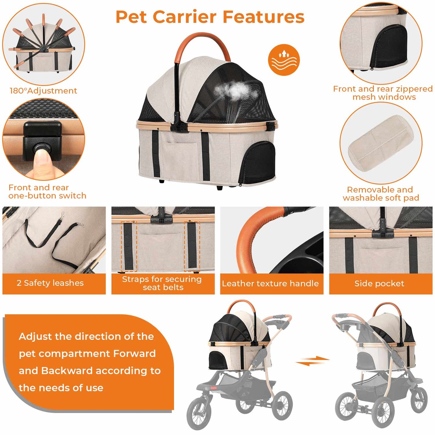 Pet Stroller One-Click Folding Frame Traveling Cart Khaki