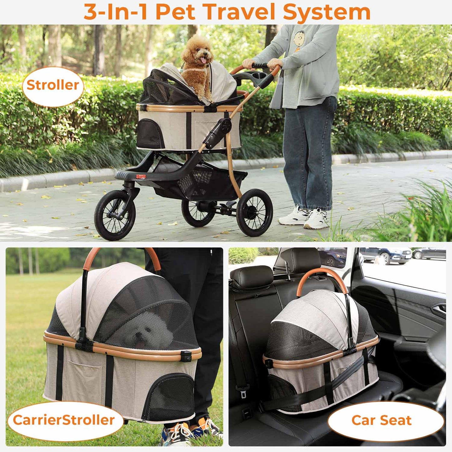 Pet Stroller One-Click Folding Frame Traveling Cart Khaki