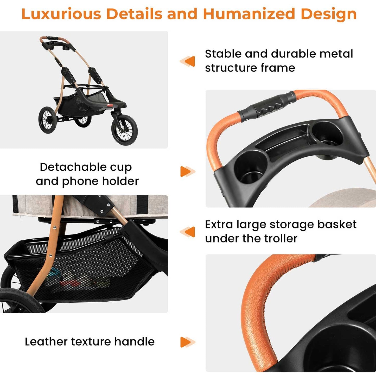 Pet Stroller One-Click Folding Frame Traveling Cart Khaki