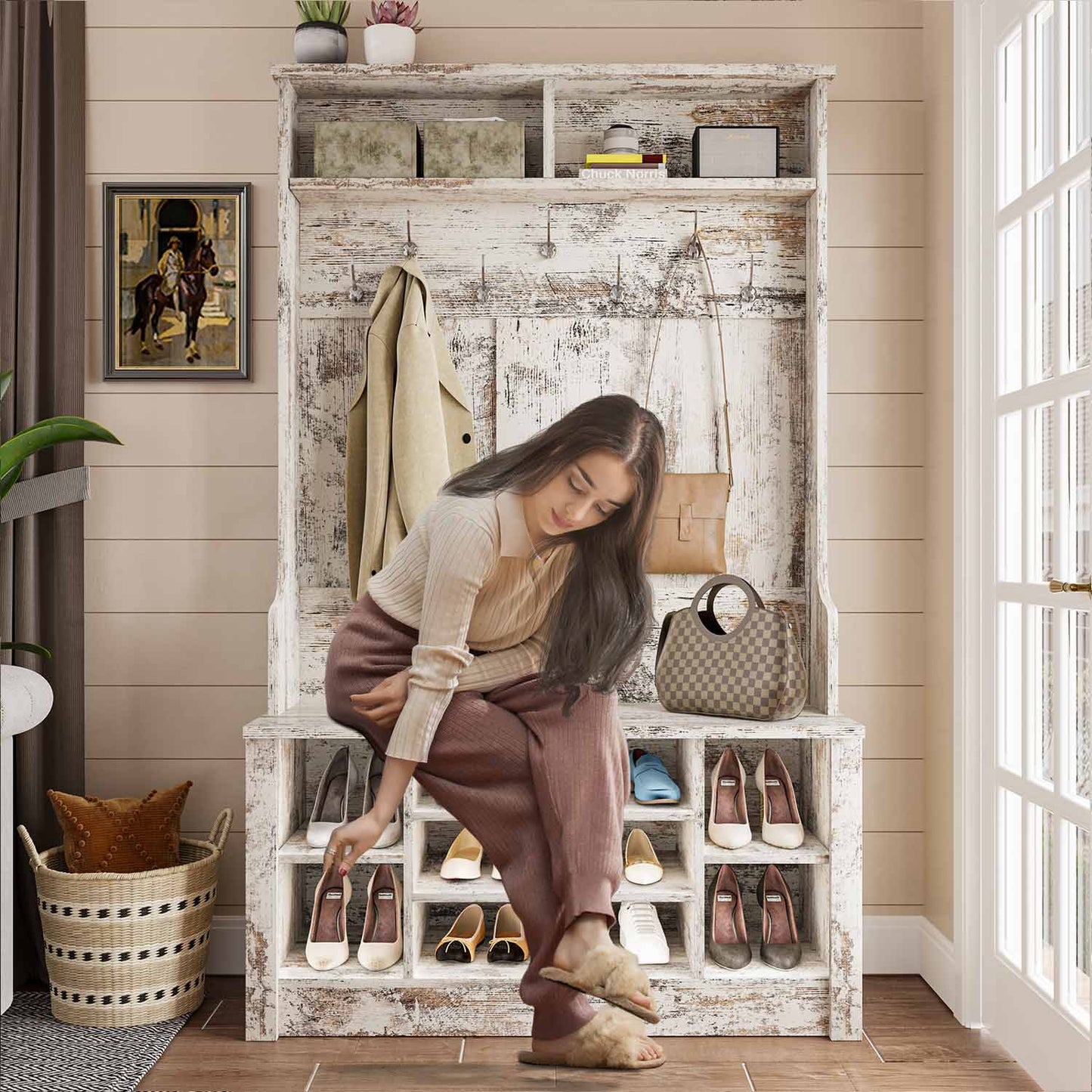 Hall Tree with Storage 3-in-1 Entryway Bench Vintage White