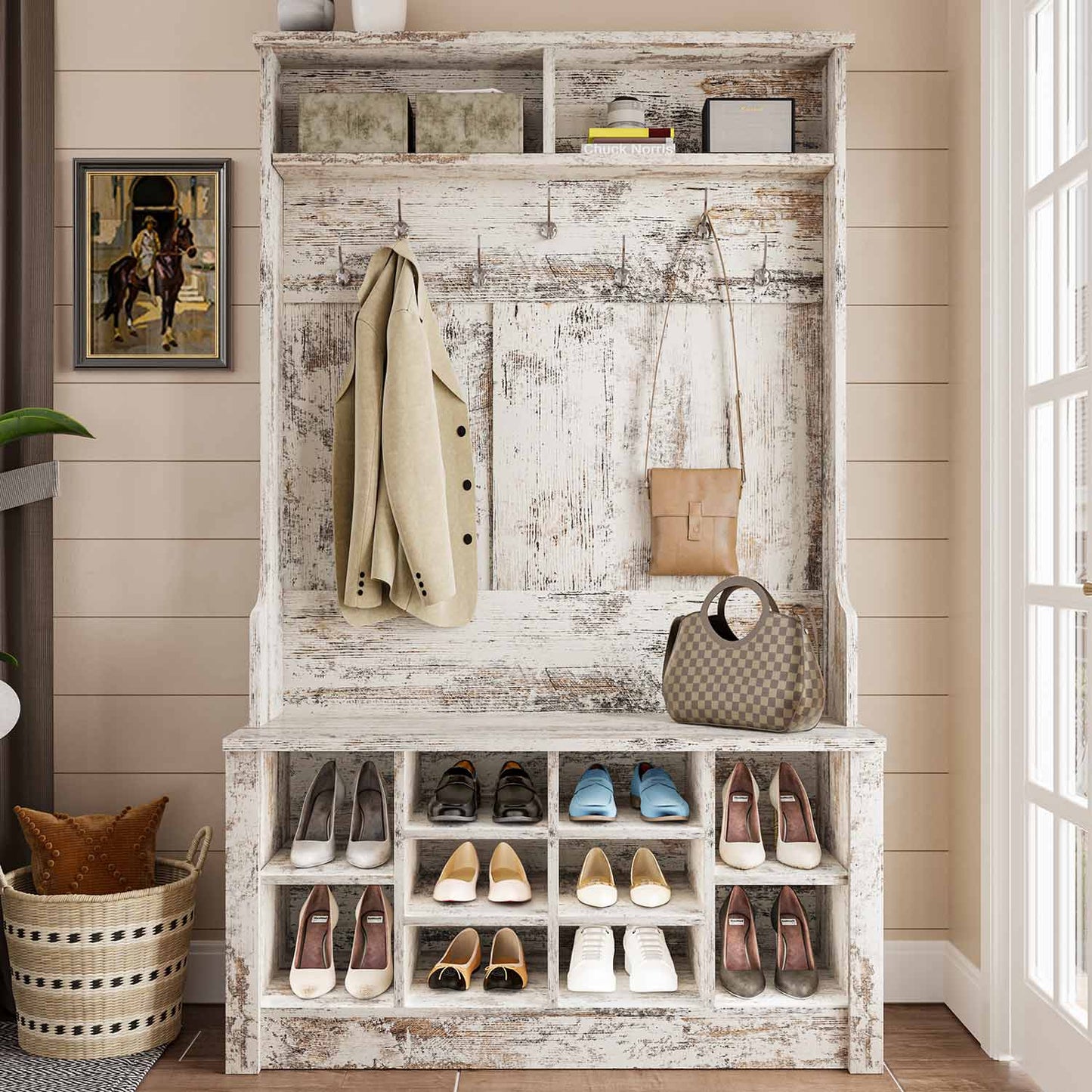 Hall Tree with Storage 3-in-1 Entryway Bench Vintage White