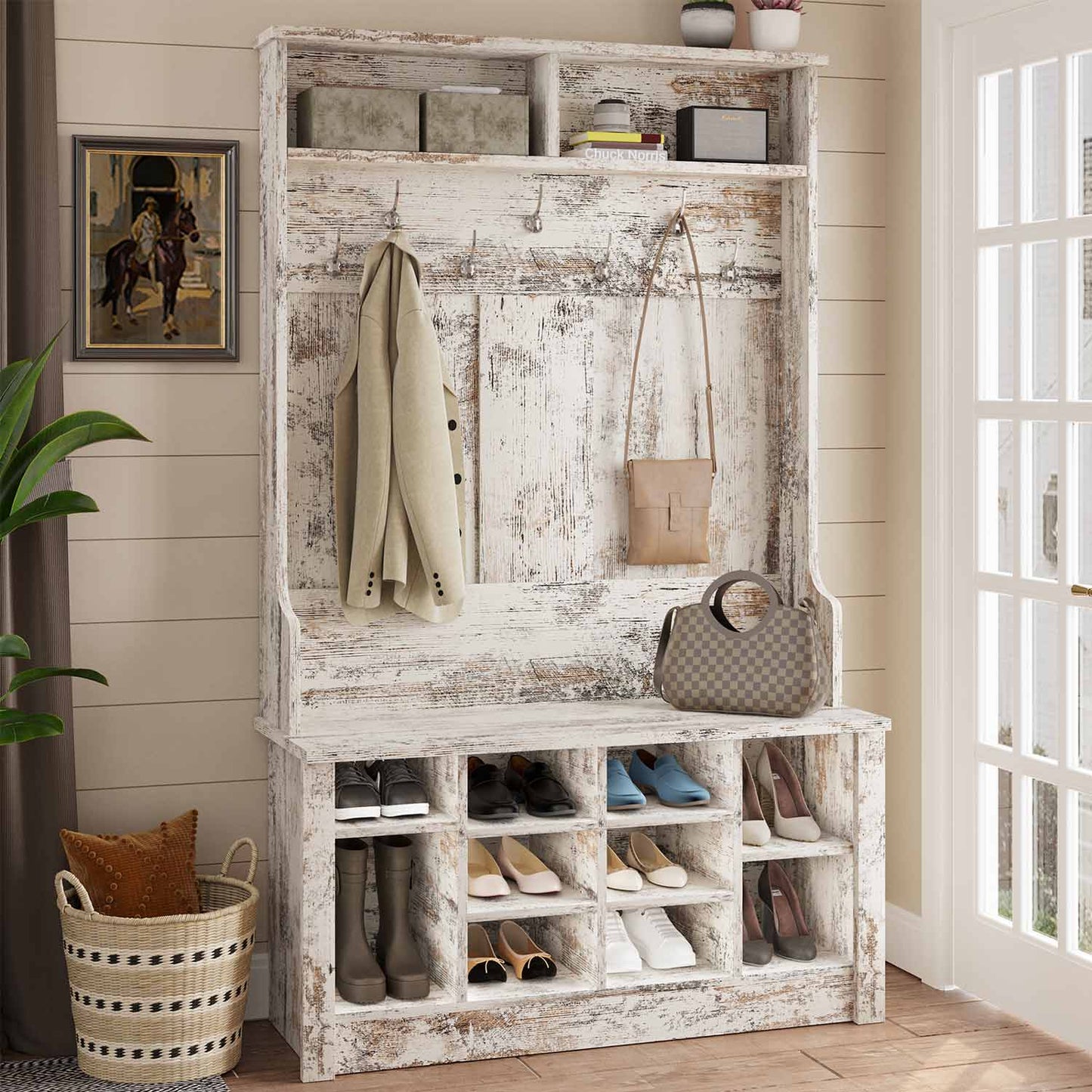 Hall Tree with Storage 3-in-1 Entryway Bench Vintage White