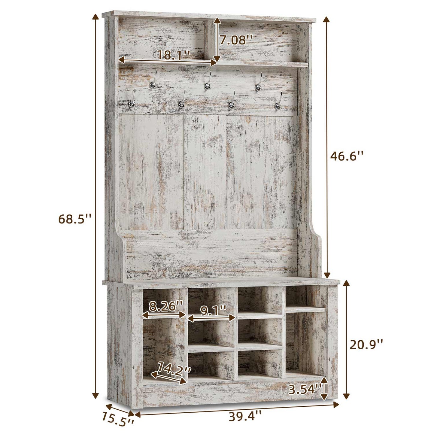 Hall Tree with Storage 3-in-1 Entryway Bench Vintage White