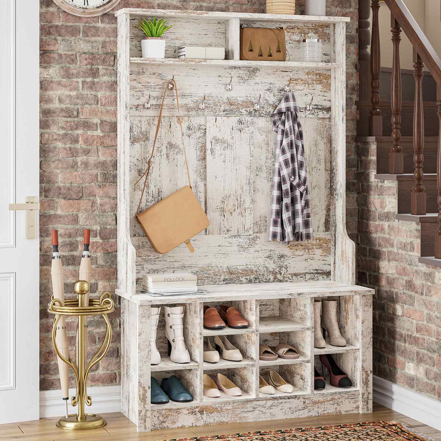 Hall Tree with Storage 3-in-1 Entryway Bench Vintage White