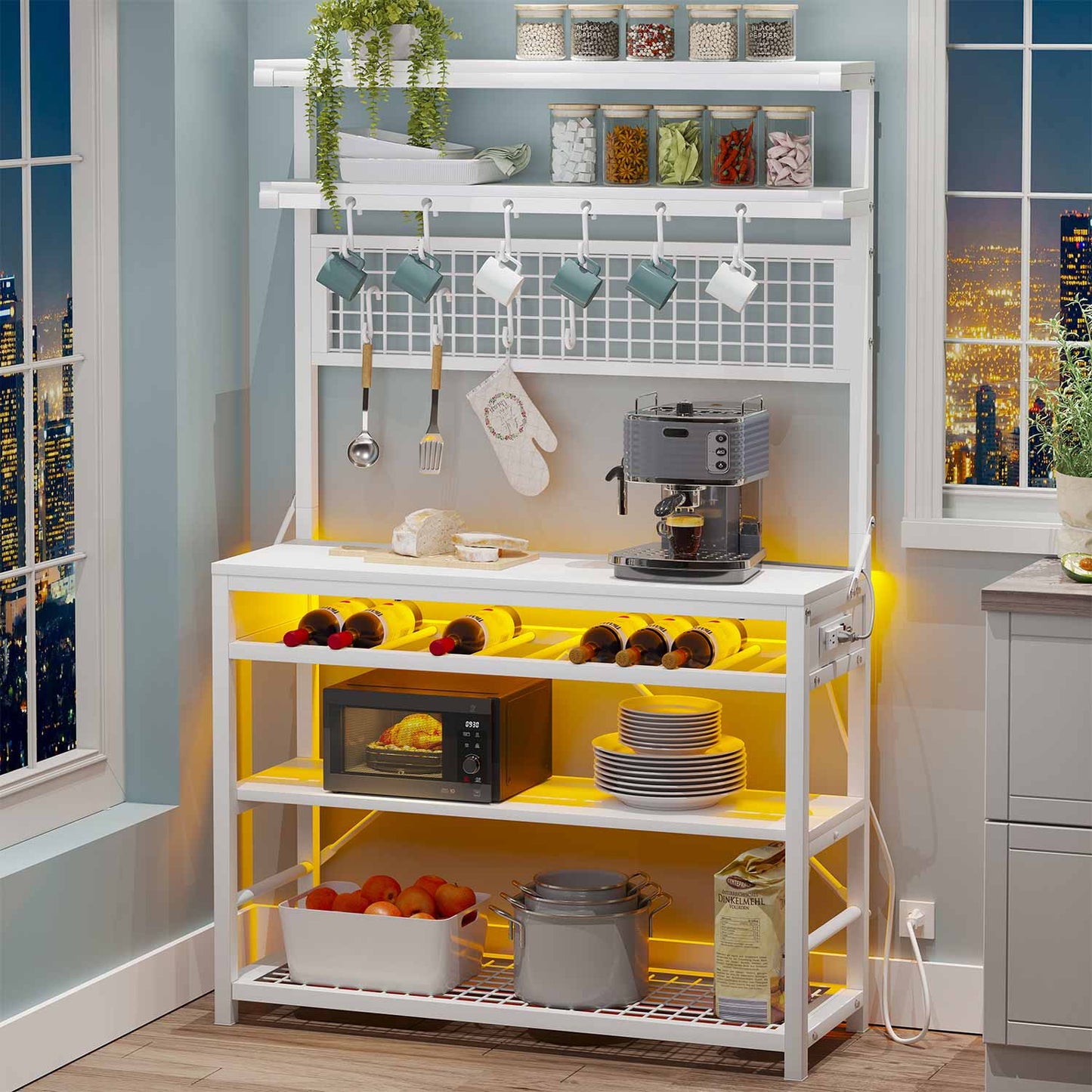 LED Coffee Bar with Power Outlet Open Storage White