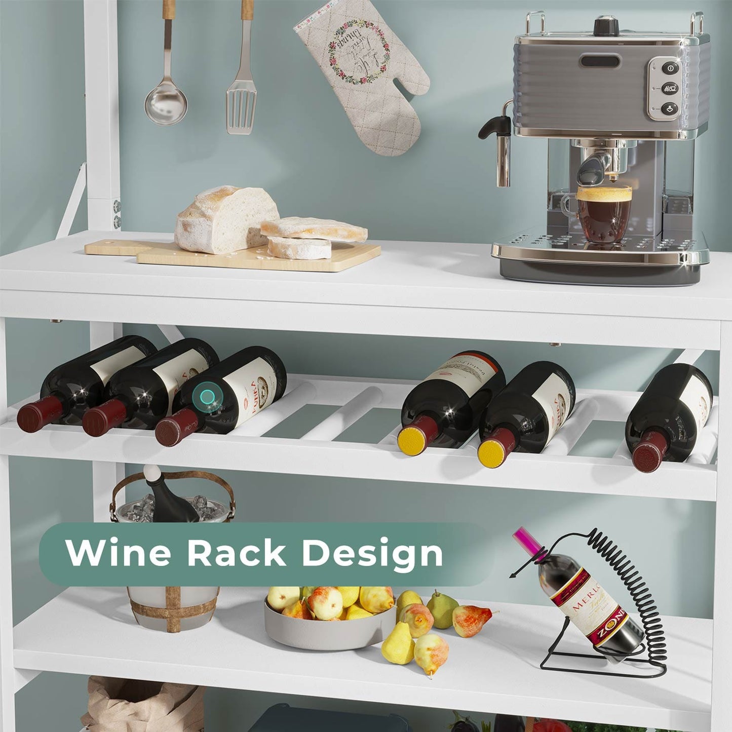 LED Coffee Bar with Power Outlet Open Storage White