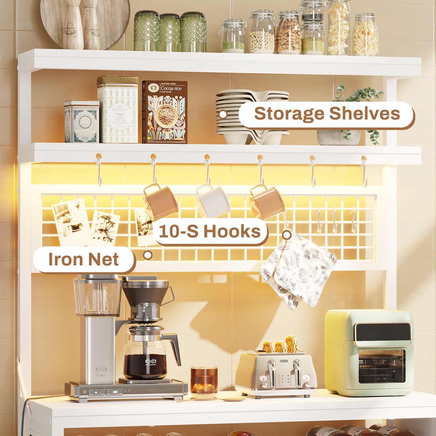 LED Coffee Bar with Power Outlet Open Storage White