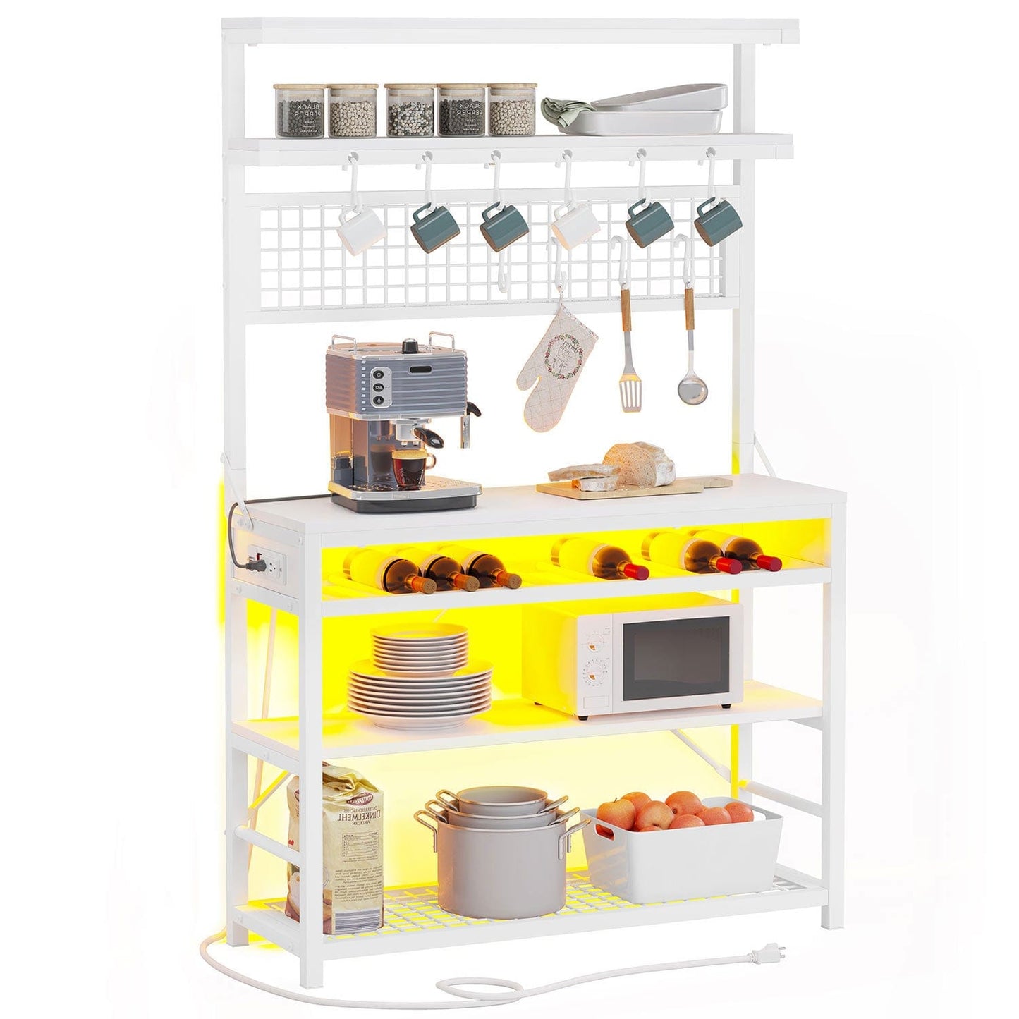 LED Coffee Bar with Power Outlet Open Storage White