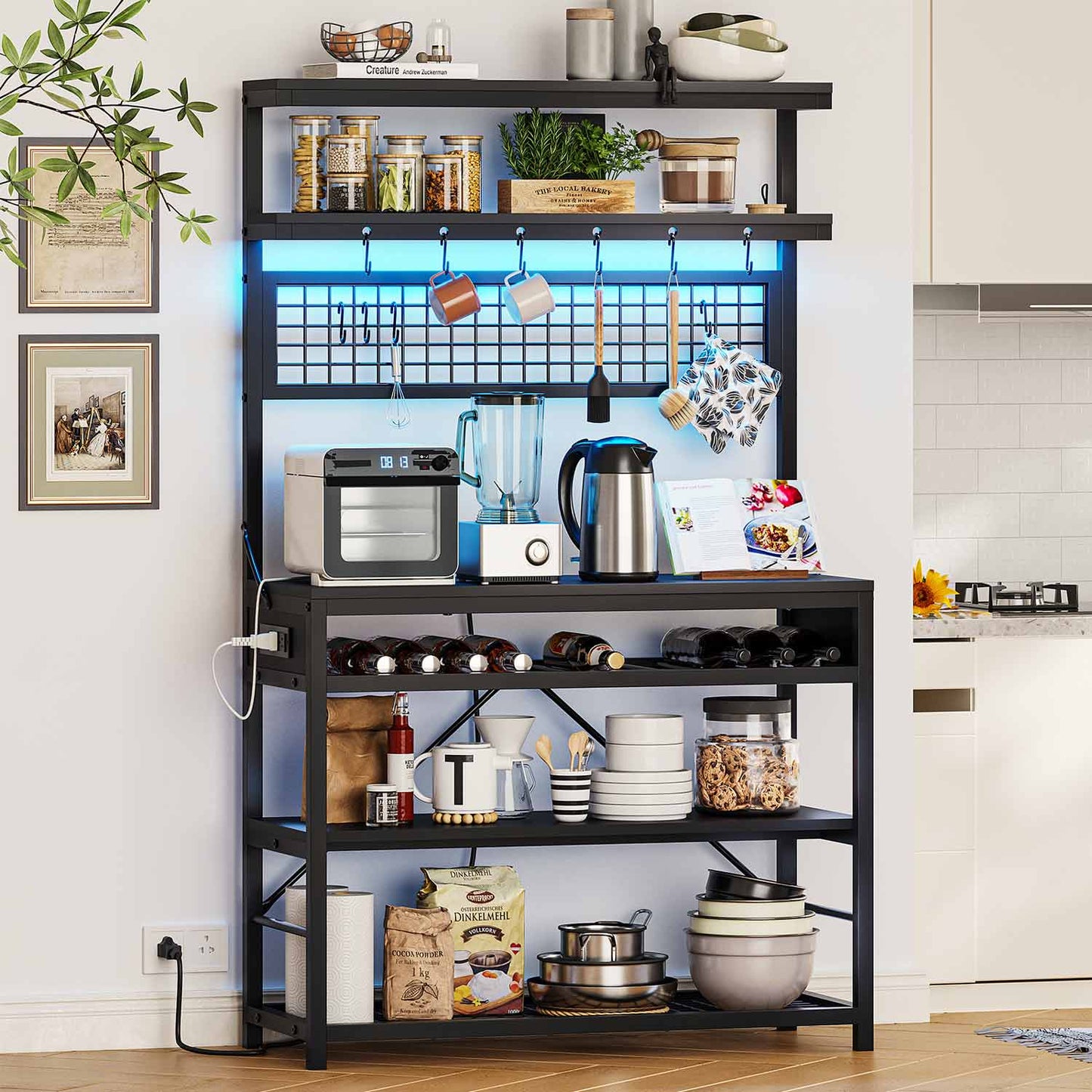 LED Coffee Bar with Power Outlet Open Storage Black