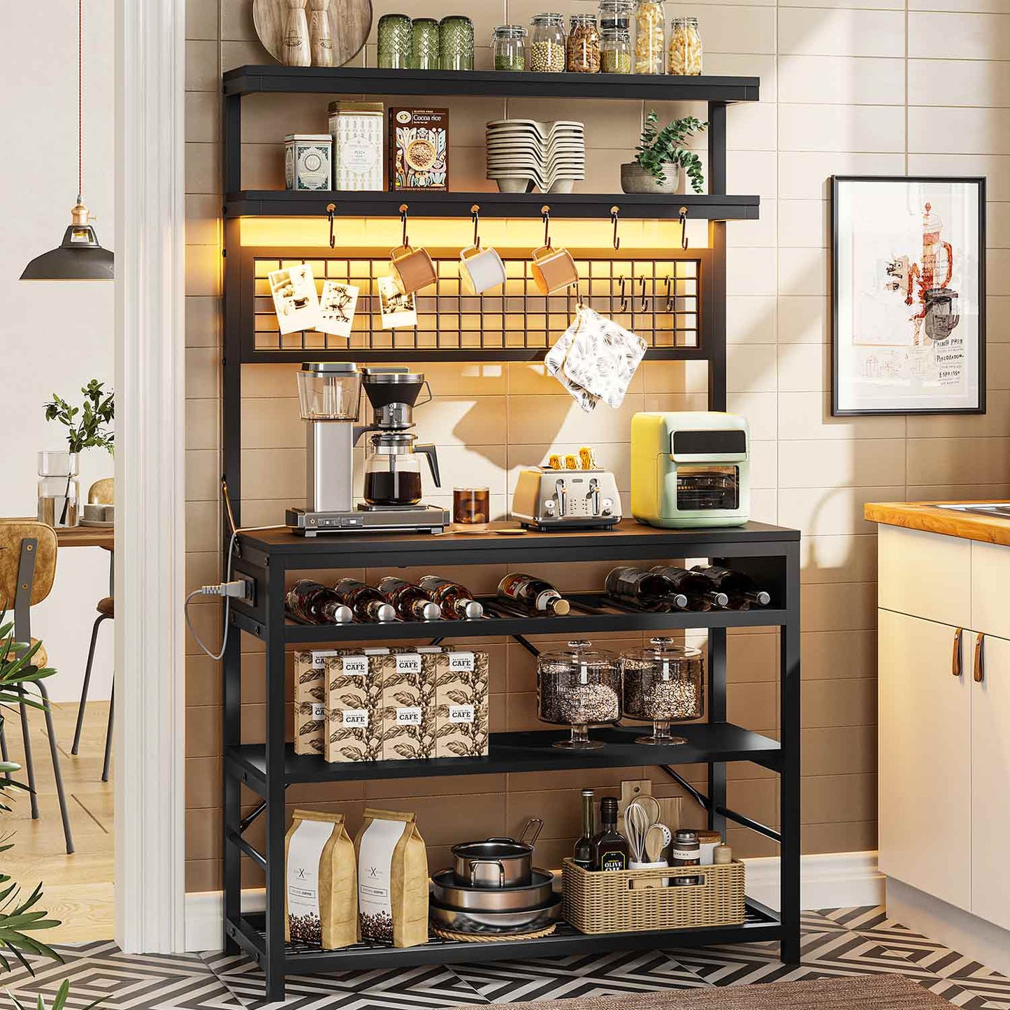 LED Coffee Bar with Power Outlet Open Storage Black
