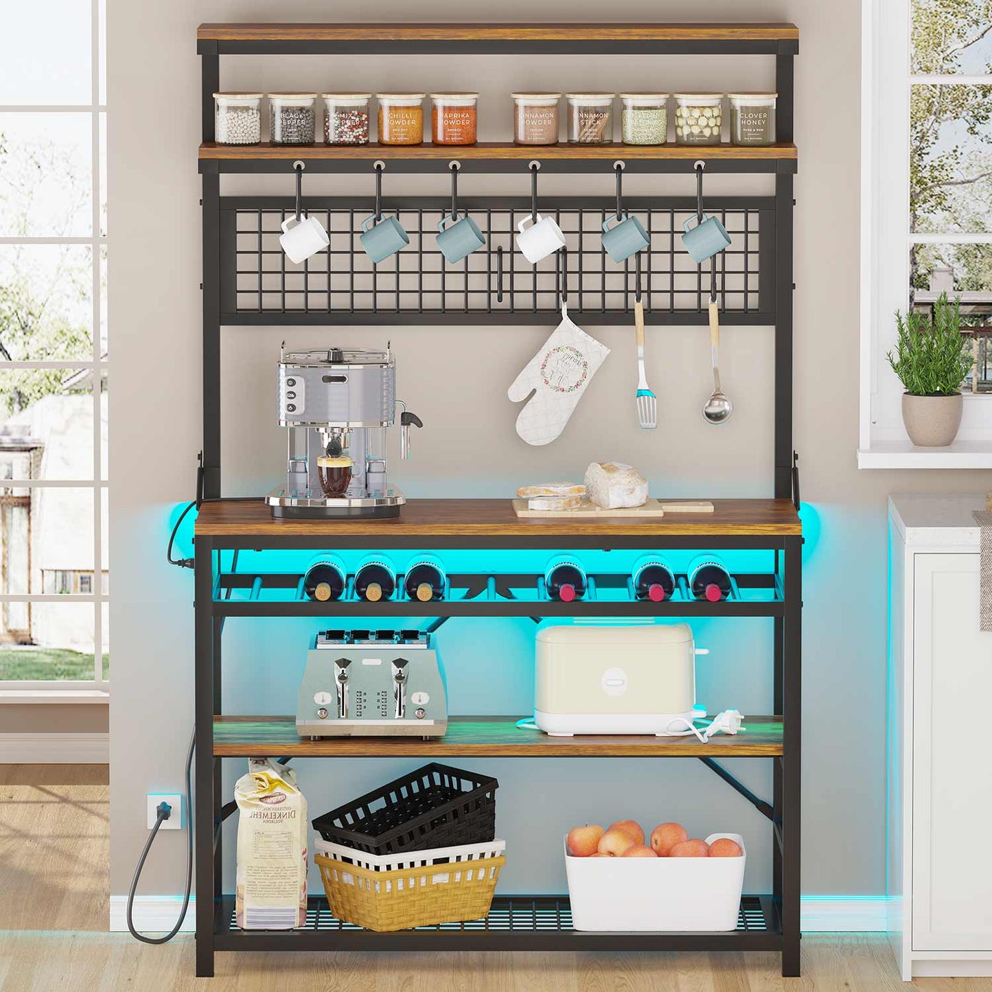 LED Coffee Bar with Power Outlet Open Storage Brown