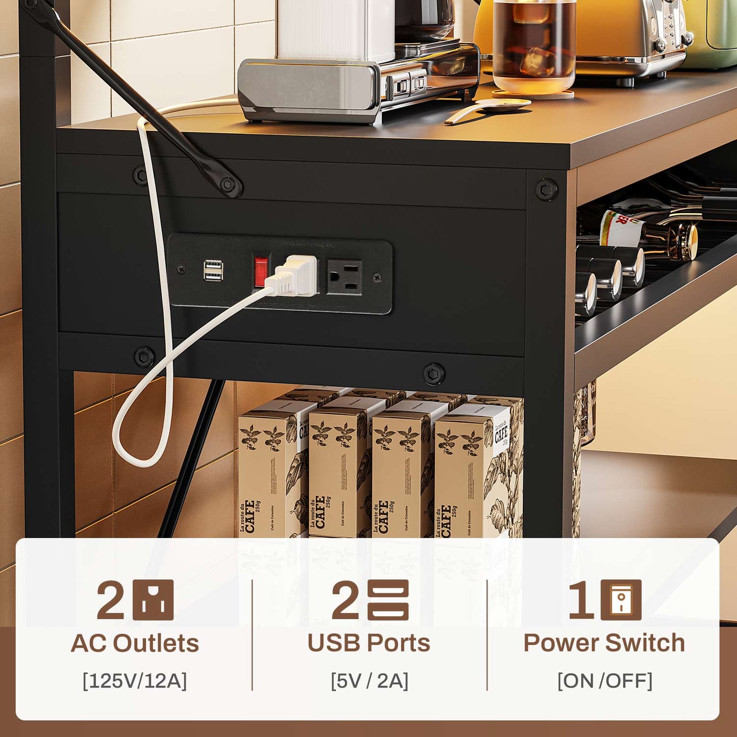 LED Coffee Bar with Power Outlet Open Storage Black