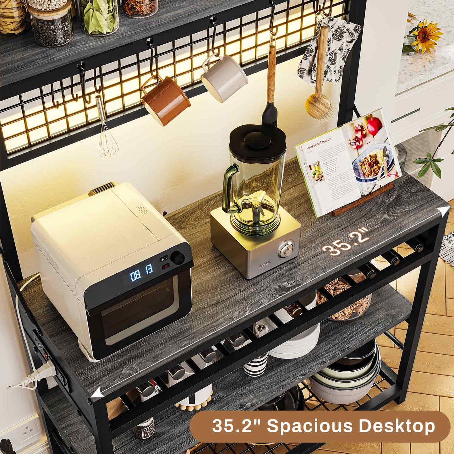 LED Coffee Bar with Power Outlet Open Storage Grey