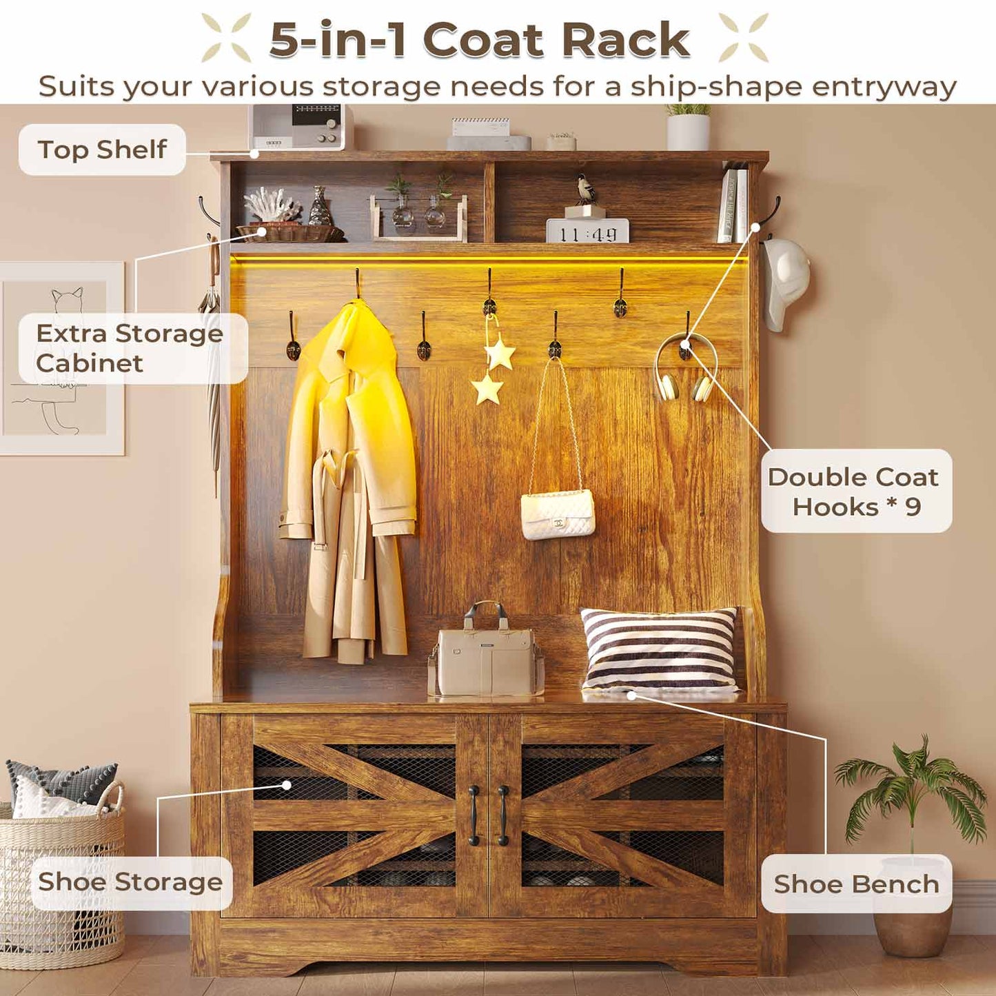 43.3 Inches Hall Tree with Bench and Shoe Storage Rustic Brown