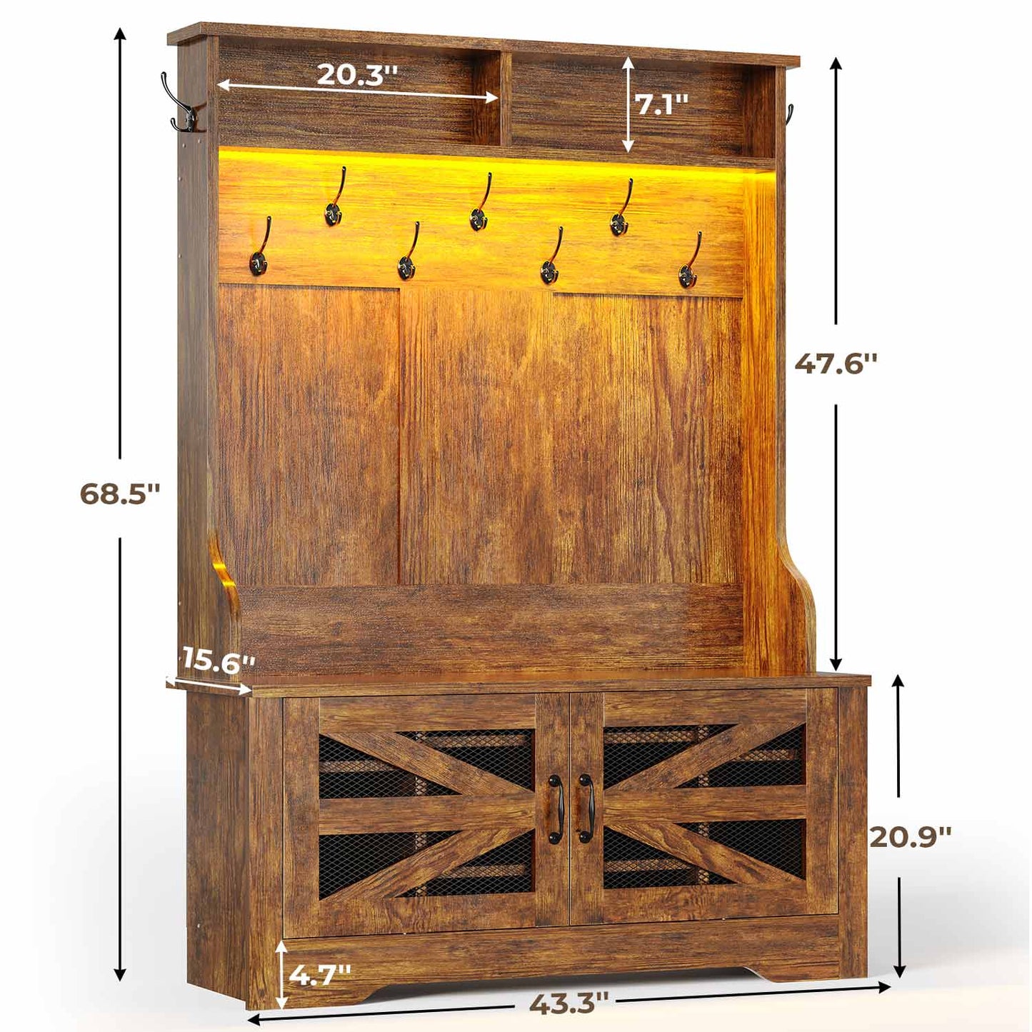 43.3 Inches Hall Tree with Bench and Shoe Storage Rustic Brown