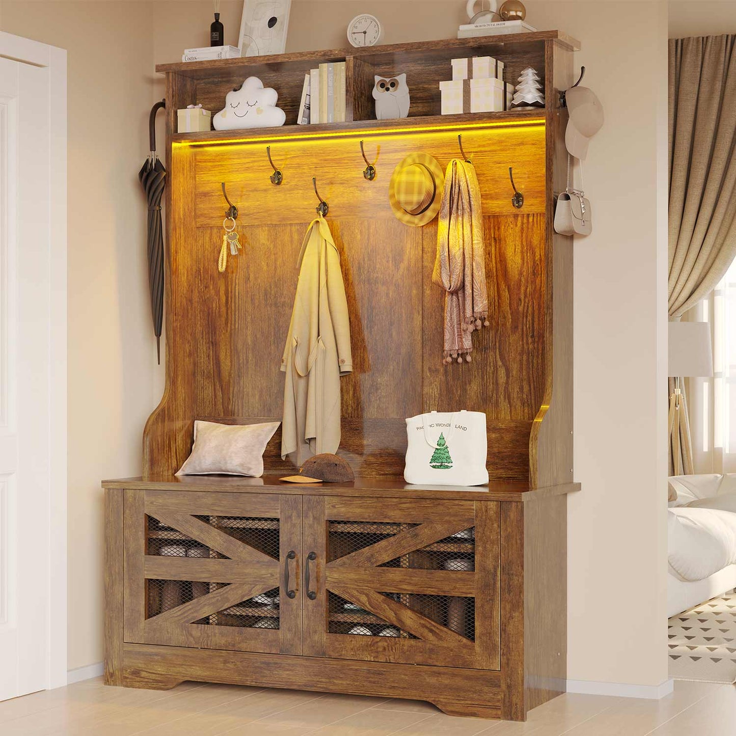 43.3 Inches Hall Tree with Bench and Shoe Storage Rustic Brown
