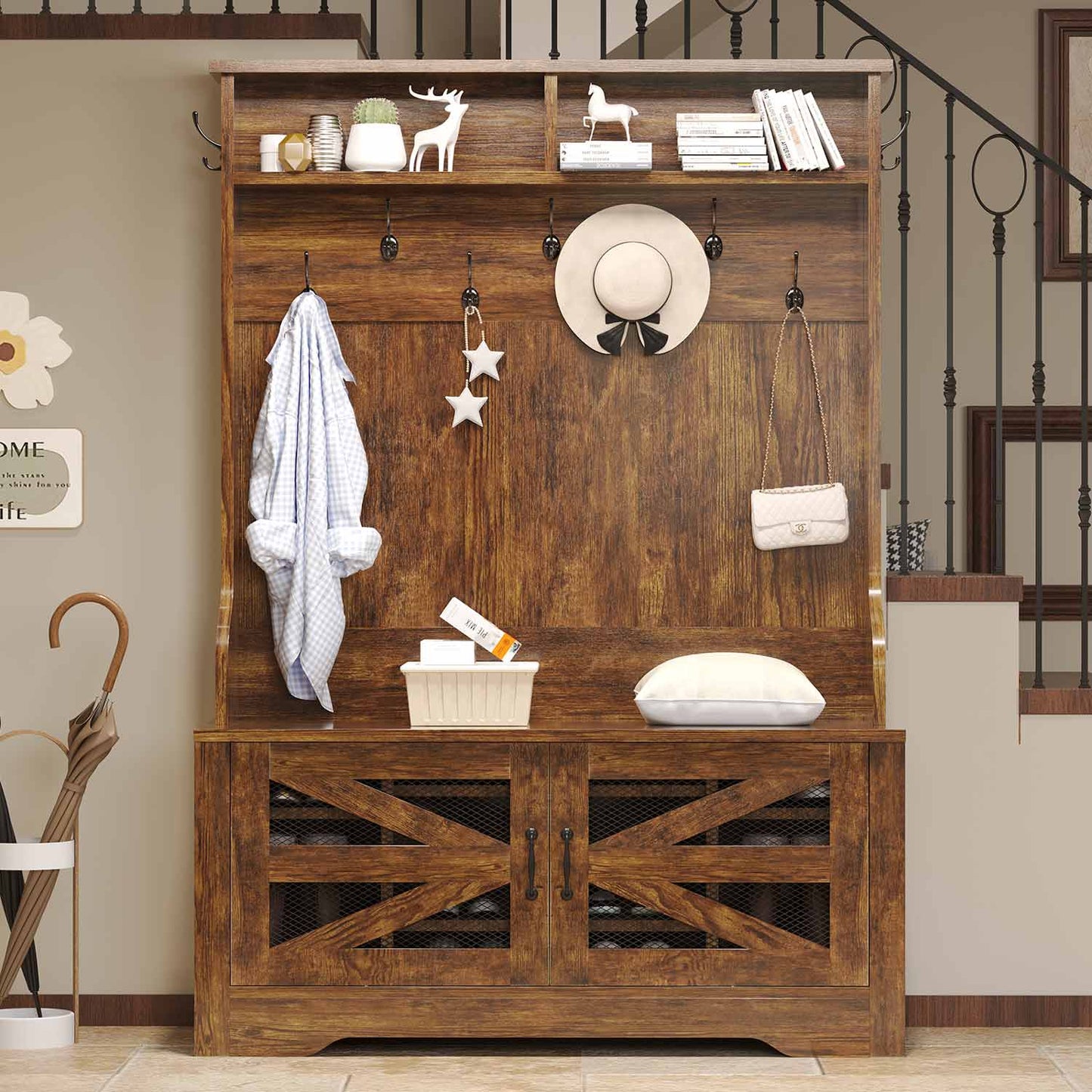43.3 Inches Hall Tree with Bench and Shoe Storage Rustic Brown