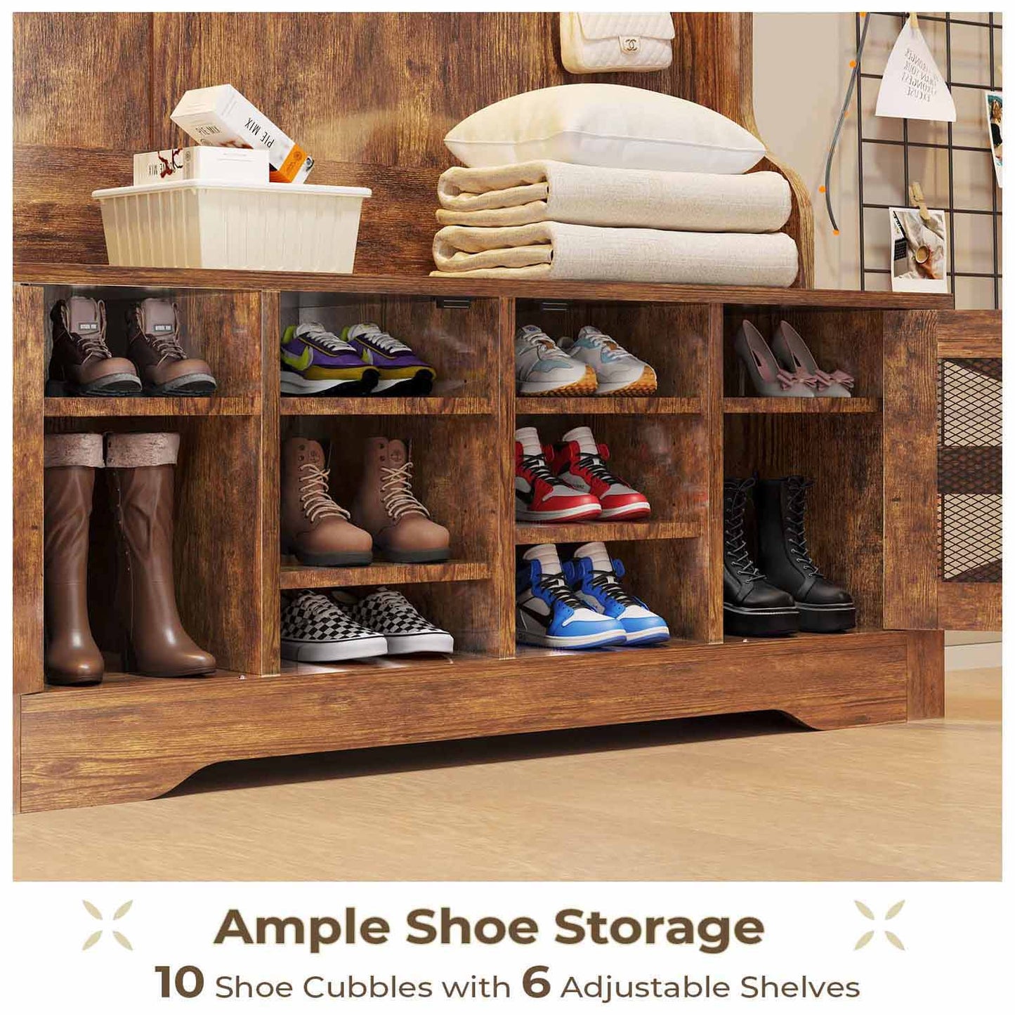 43.3 Inches Hall Tree with Bench and Shoe Storage Rustic Brown