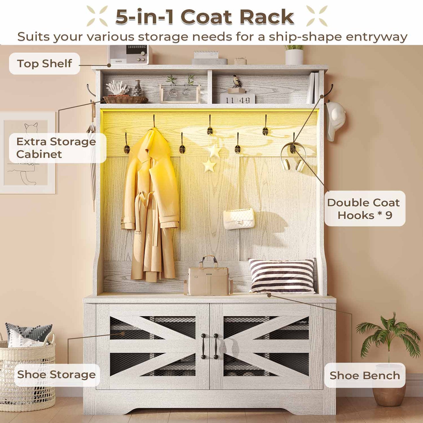 43.3 Inches Hall Tree with Bench and Shoe Storage Embossed White