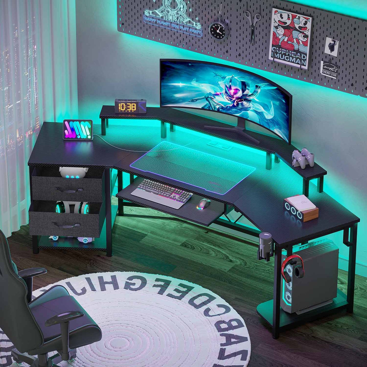 79 Inches Wing Shaped LED Gaming Desk with 2 Drawers Black