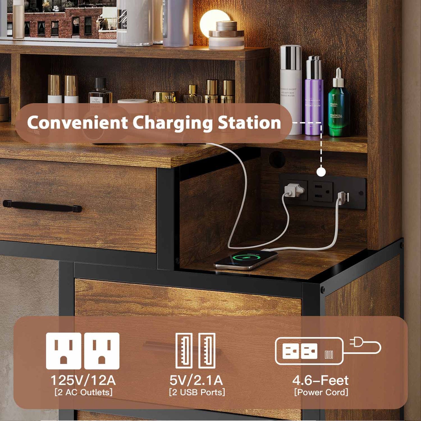 Makeup Vanity with LED Mirror Charging Station Rustic Brown