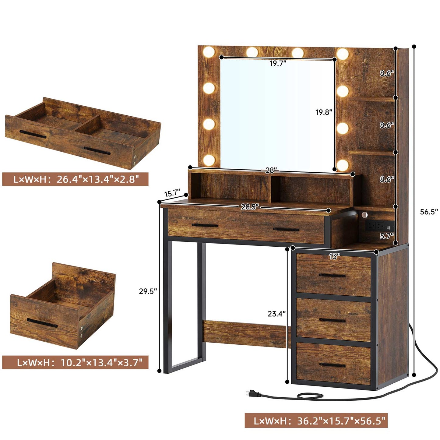Makeup Vanity with LED Mirror Charging Station Rustic Brown
