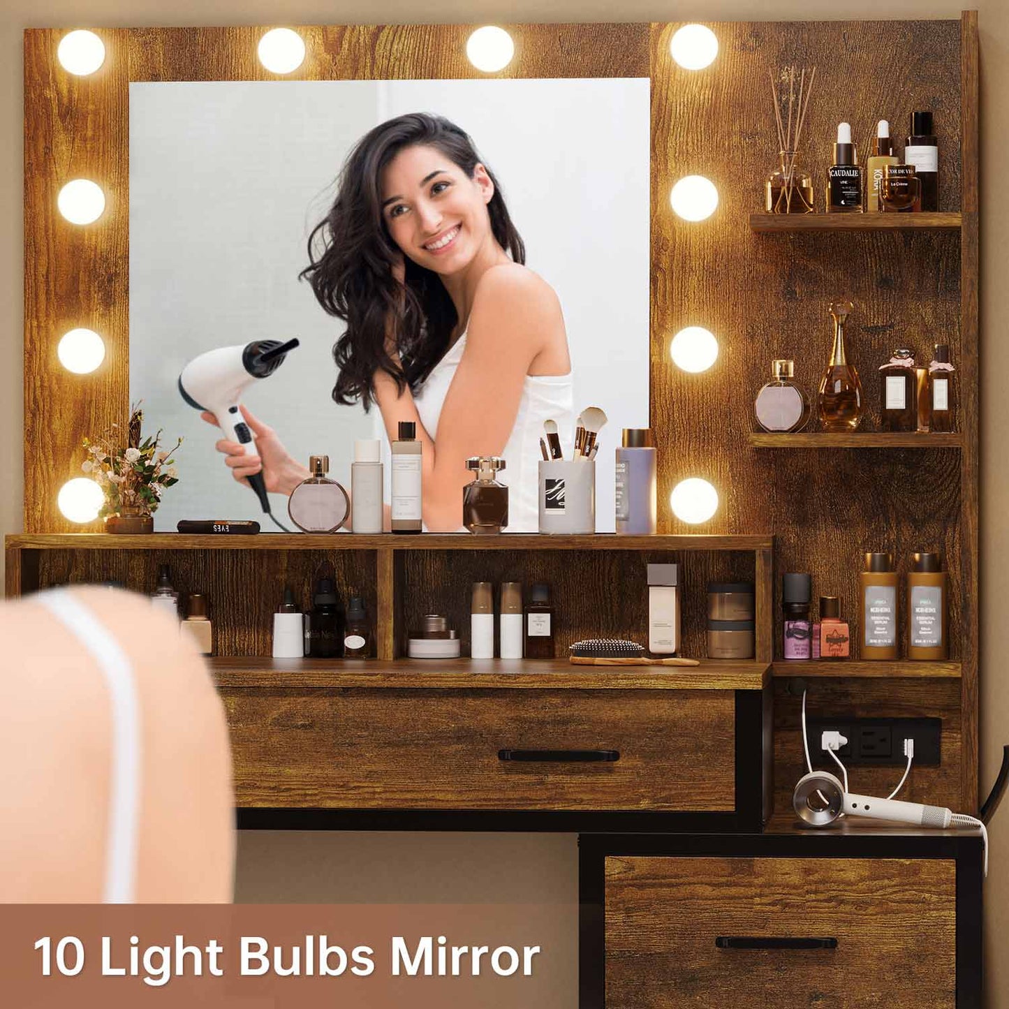 Makeup Vanity with LED Mirror Charging Station Rustic Brown