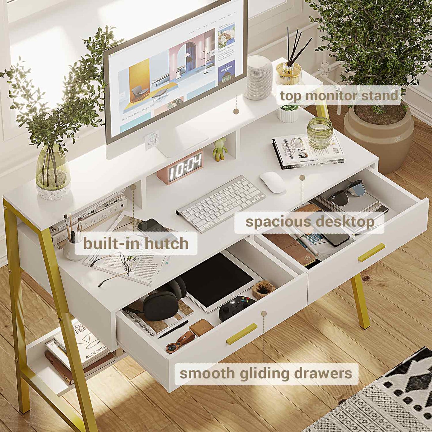Writing Desk with Drawers Built-in Hutch White Gold